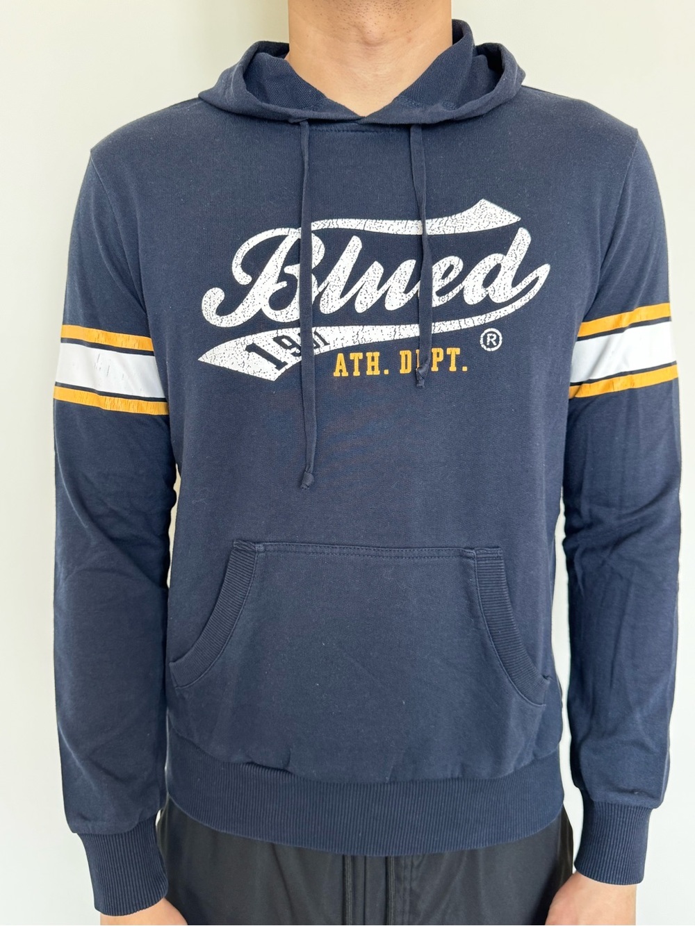 Navy 'Blued' Pullover Hoodie with White & Gold Stripes